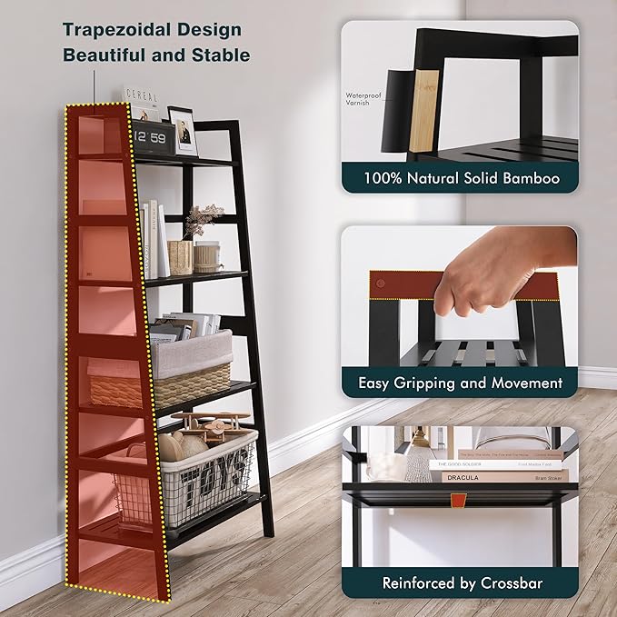 HITNET Black Bookshelf, 4-Tier Ladder Shelf, Freestanding Leaning Bookcase - Image 8