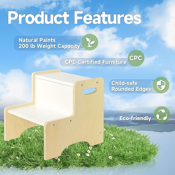 WOOD CITY Kids Step Stool for Toddler, Wooden Natural-White Patchwork Two Step - Image 7
