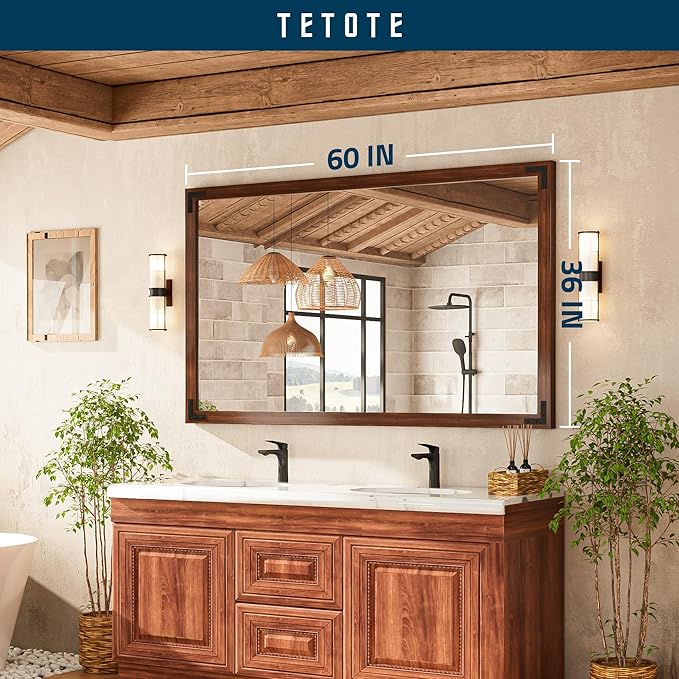 TETOTE 60 x 36 Rustic Bathroom Mirror Wood Frame, Waterproof Walnut Brown - Image 7