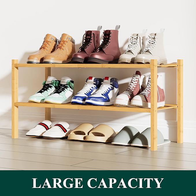 Smiry Shoe Rack, 2 Tier Bamboo Shoe Organizer, Stackable Free Standing Wooden - Image 5