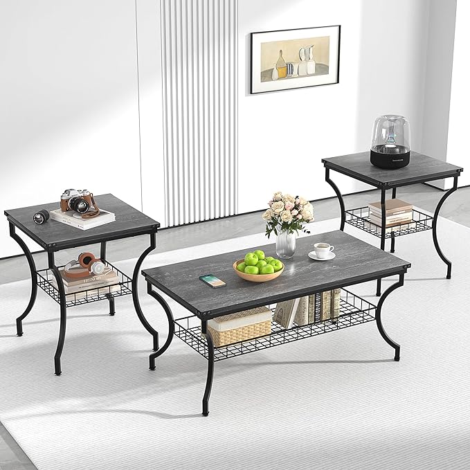 VECELO 3 Pieces Living Room Table Sets, Coffee and End Tables by VECELO