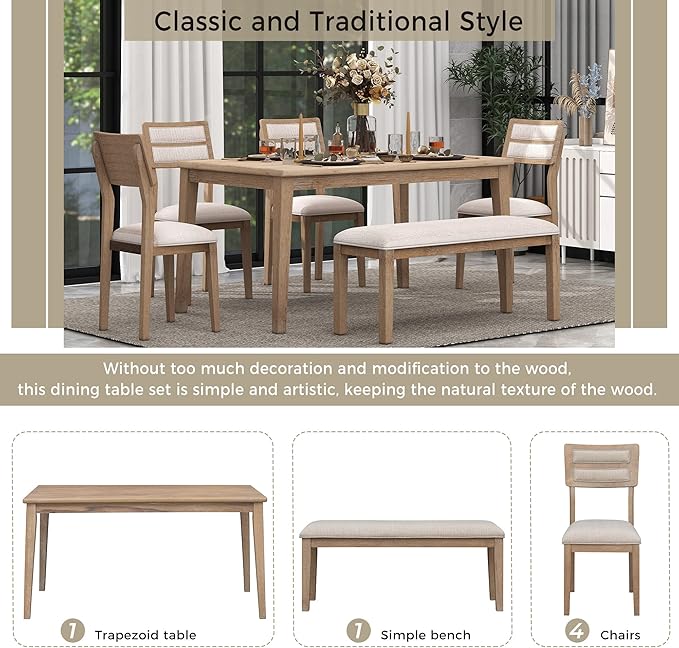 6 Pieces Dining Table Set with 60" Rectangle Kitchen Desk, Wooden Living Room - Image 6