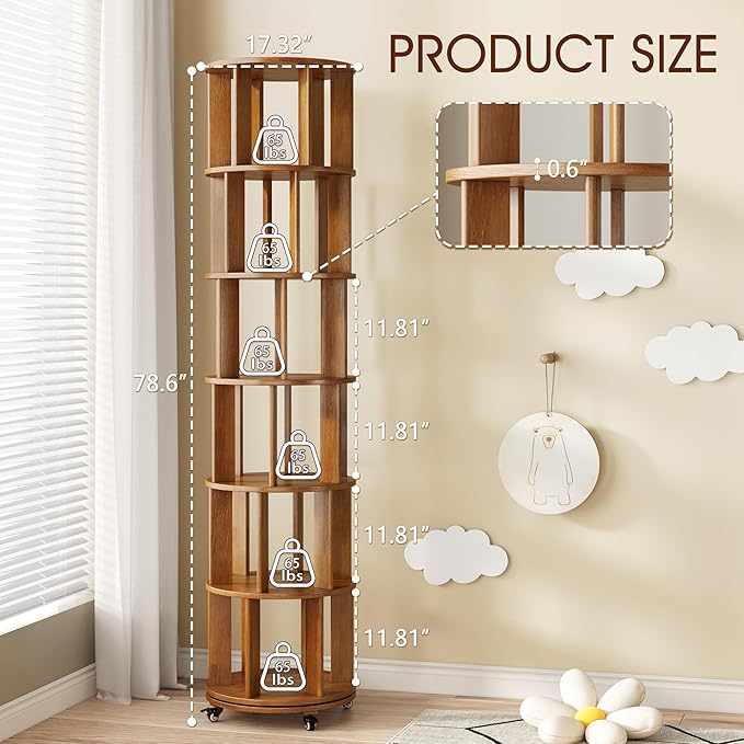 6 Tier Solid Wood Rotating Bookcase - Image 2