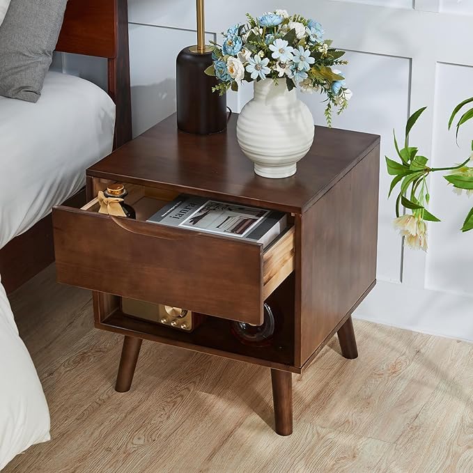 Uniclinens Nightstand with Drawer and Opening Storage, Modern Solid Rubberwood - Image 7