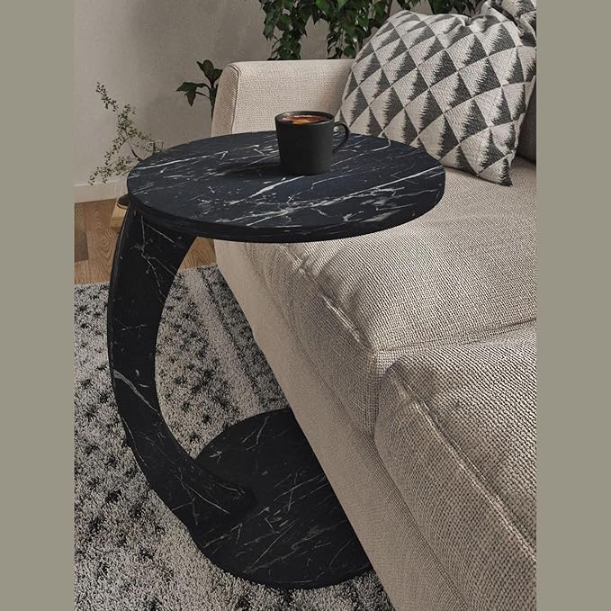 C Shaped End Table for Couch Small Places, Faux Marble Black Space Saver Round by Furpinea-HandmadewithLove