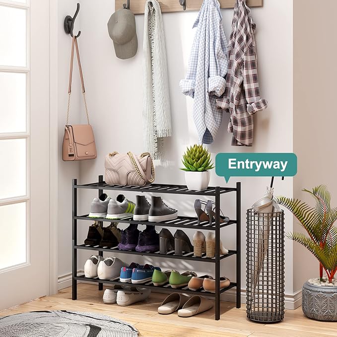 Black 4-Tier Long Shoe Rack, Bamboo Wood - Image 2