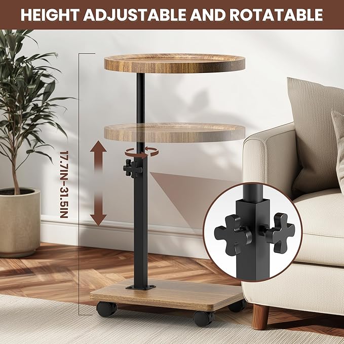 PPAMAPIC C Shaped End Table Adjustable Height, 360°Swivel TV Tray Table - Image 6