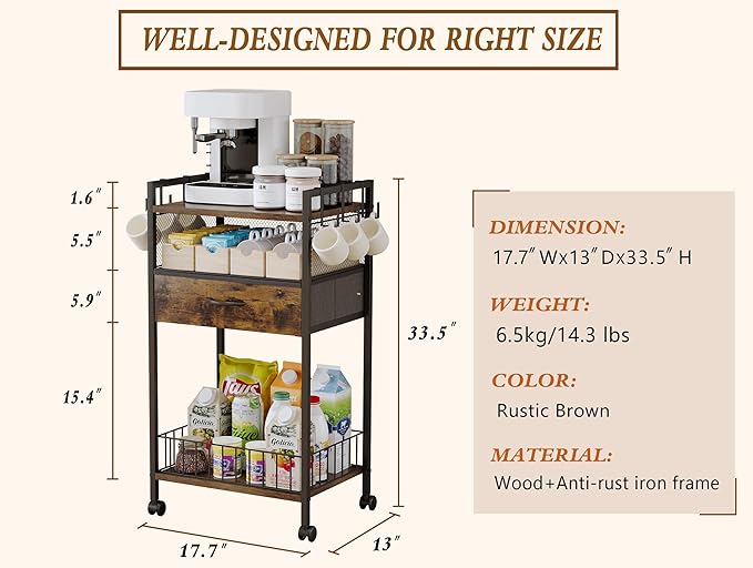 Small Coffee Bar Cart with Drawer Srorage, Coffee Bar Station Organizer Mug Cup - Image 7