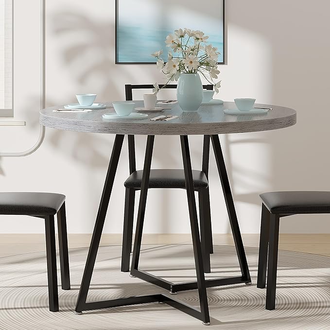 VECELO 35" Round Dining Table for 4, Wood-Grain Tabletop & Heavy-Duty Steel - Image 2