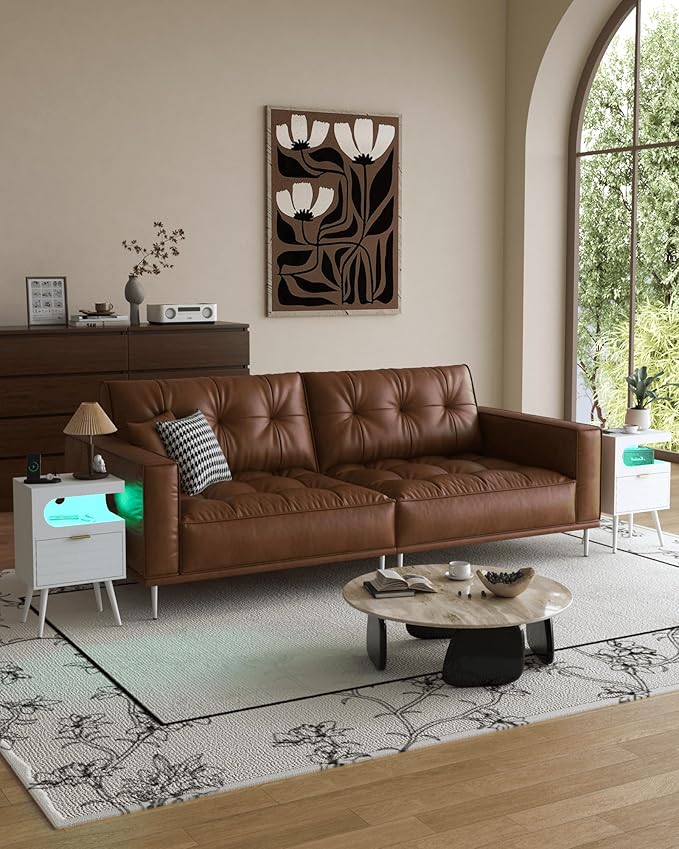 White Nightstand with Charging Station and LED Lights, Modern Bedside Table - Image 3