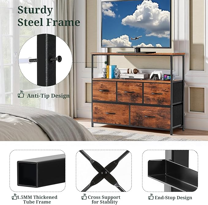 TV Stand, 5 Fabric Drawers Dresser Entertainment Center - Image 5