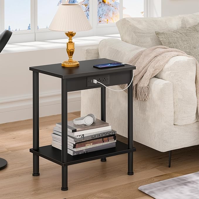 End Table with Charging Station, Small Side Table, 2-Tier Nightstand with - Image 3