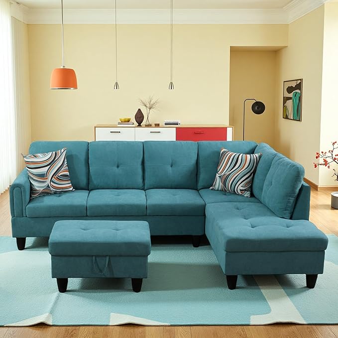 L-Shaped Sectional Sofa with Ottoman, Right-Facing Modern Microfiber Couch - Image 4