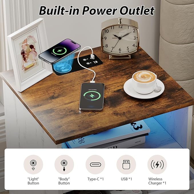 Farmhouse Nightstand with Charging Station and LED Lights, 25.6" H x 17.7" W x - Image 5