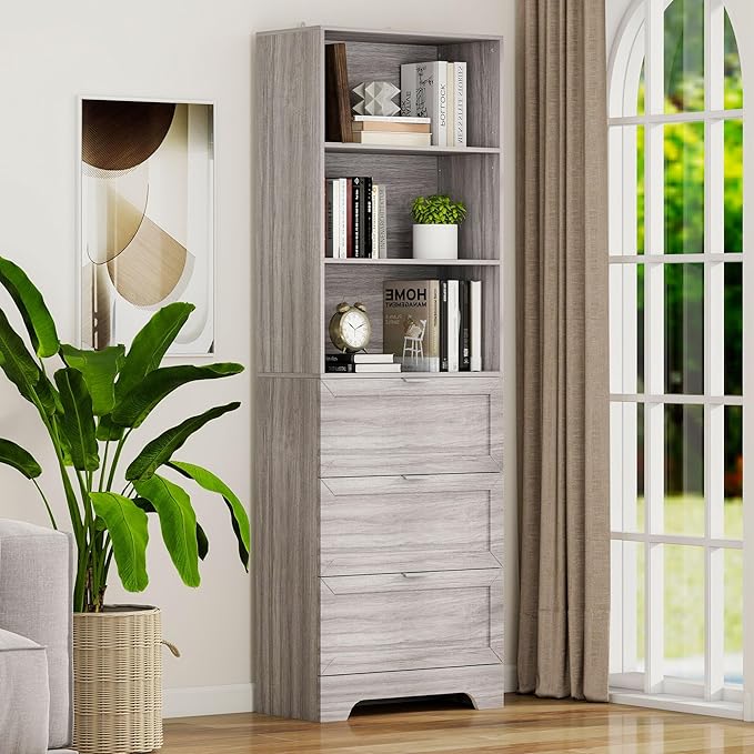 71'' Tall Bookshelf with Drawers, 6 Tier Wooden Bookcase Storage Organizer by FTZxHKLX