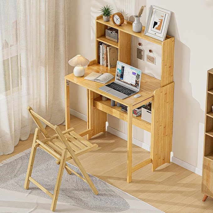 31.1" Bamboo Folding Desk with Bookshelf, Compact Computer Desk - Image 4