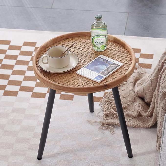 Tiita Rattan Round End Table Mental Side Table Nightstand/Small Wood Tables - Image 2