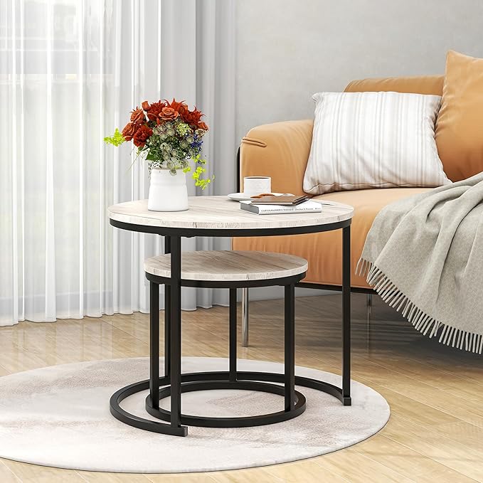 Round Coffee Table Set of 2 for Living Room, Nesting Tables Metal Frame/Wood - Image 3