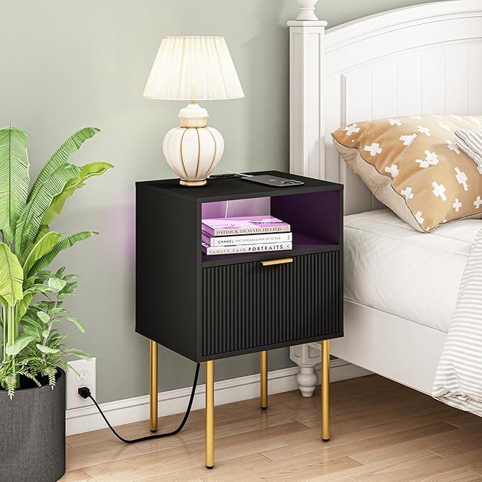 Modern Nightstand with Charging Station and LED Lights, Fluted Nightstand - Image 3