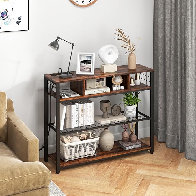 Console Tables with Charging Station, 4 Tier Narrow Sofa Tables with Storage - Image 2