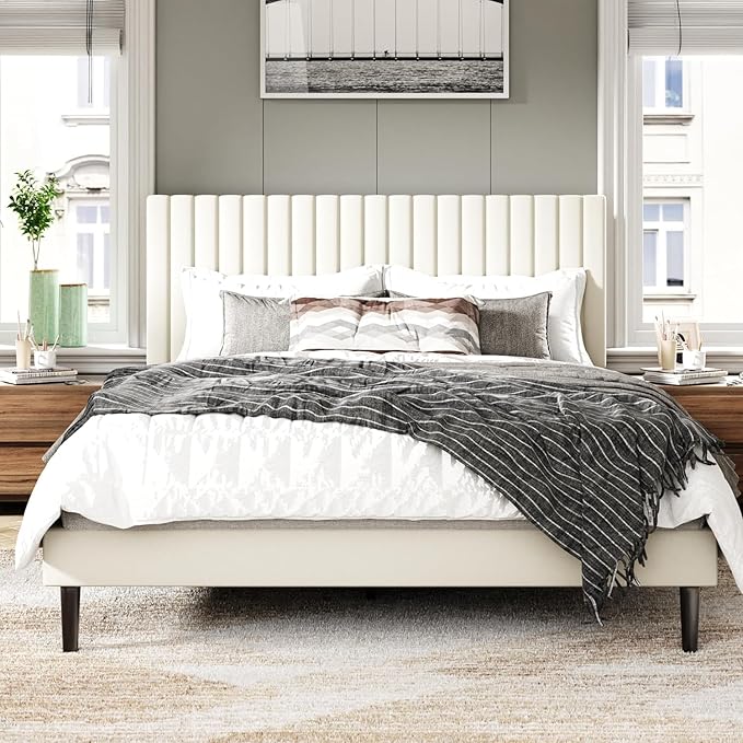 King Size Bed Frame with Velvet Upholstered Headboard, Platform Bed with Strong by SISMPLLY