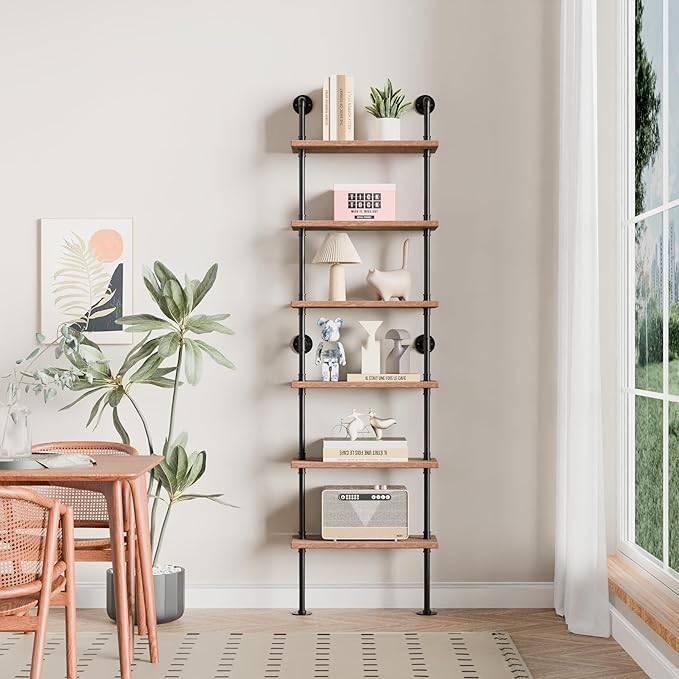 Industrial Ladder Pipe Shelves, Wall Mounted Rustic Bookshelf, Retro Metal Wood by ANYNICE