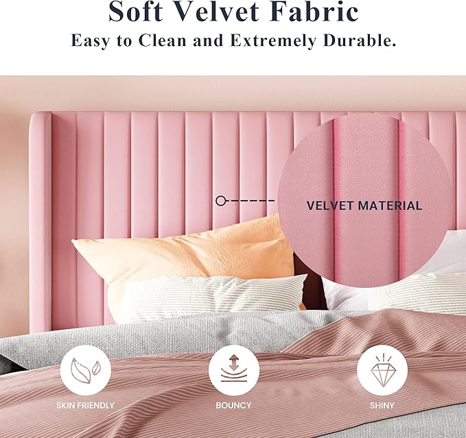 Allewie King Size Velvet Bed Frame/Vertical Channel Tufted Wingback - Image 5