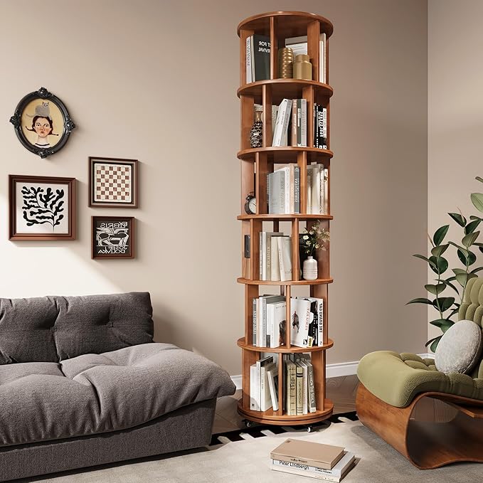 6 Tier Bookshelf Tower, 360° Solid Wood Spinning Bookcase - Image 7