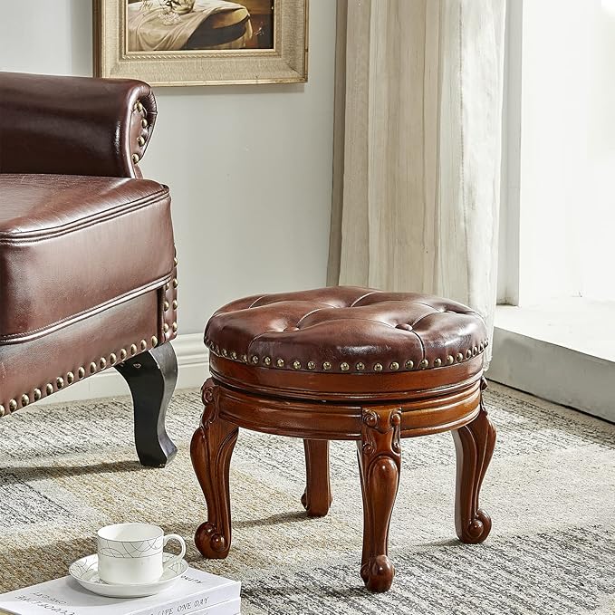 Solid Wood Foot Stool Round Ottoman Mid-Century Footrest Sofa Stool - Image 2