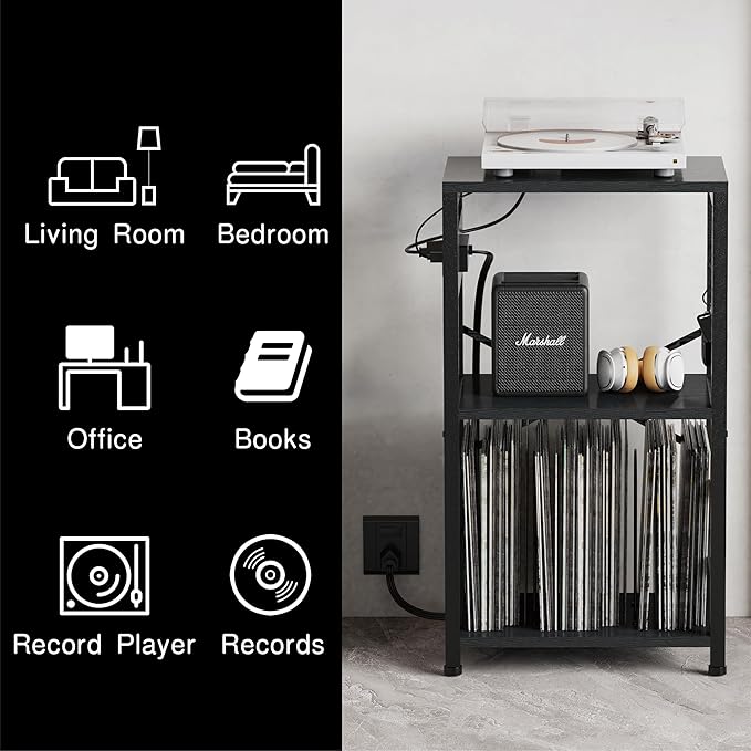 End Table with LED Light, Record Player Stand with Charging Station, Vinyl - Image 7