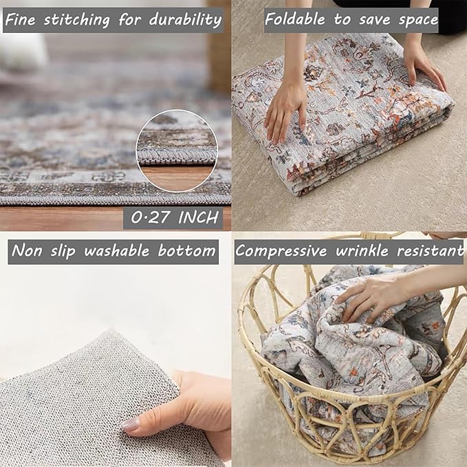 Retro Washable Area Rug 4X6 Washable Living Room Boho Chic Medallion Distressed - Image 3