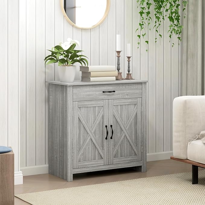 HOMCOM Farmhouse Sideboard Buffet Cabinet, Barn Door Coffee Bar Cabinet - Image 8