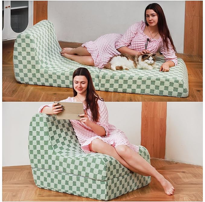 Bean Bag Chair with Checkerboard Shaker Fleece Fabric, Folding Sofa Bed by SnugSofeeFoamSofa