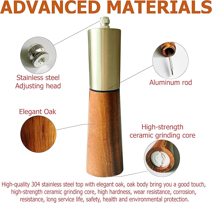 Gold Salt Shaker and Pepper Grinder Set, Stainless Steel Manual Salt Shaker and - Image 2
