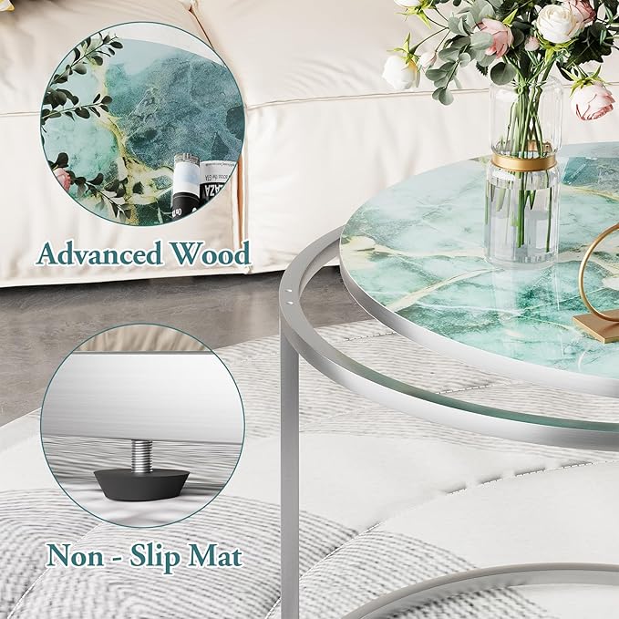 aboxoo Coffee Table Nesting Side Round Set of 2 End Table Green Art Table Top - Image 6