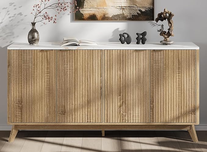 Buffet Cabinet with Storage, Fluted Multifunctional Storage Cabinet with 4 Doors by Unknown