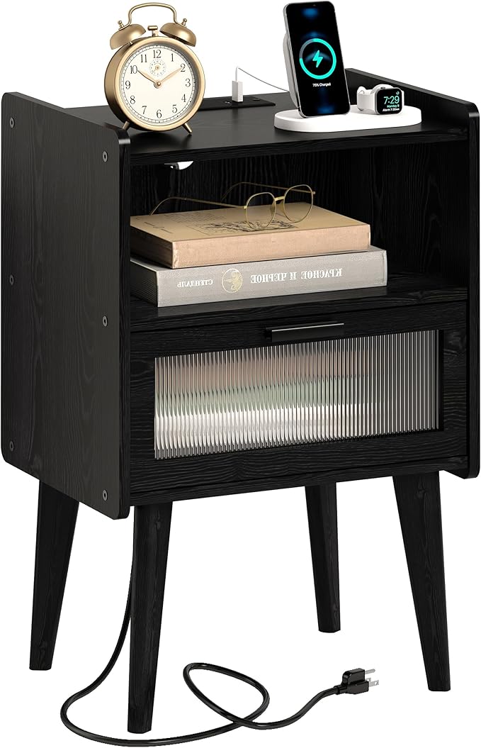 Nightstand with Charging Station, Bedside Tables with Glass Decorative Door by MMEOLUOOK