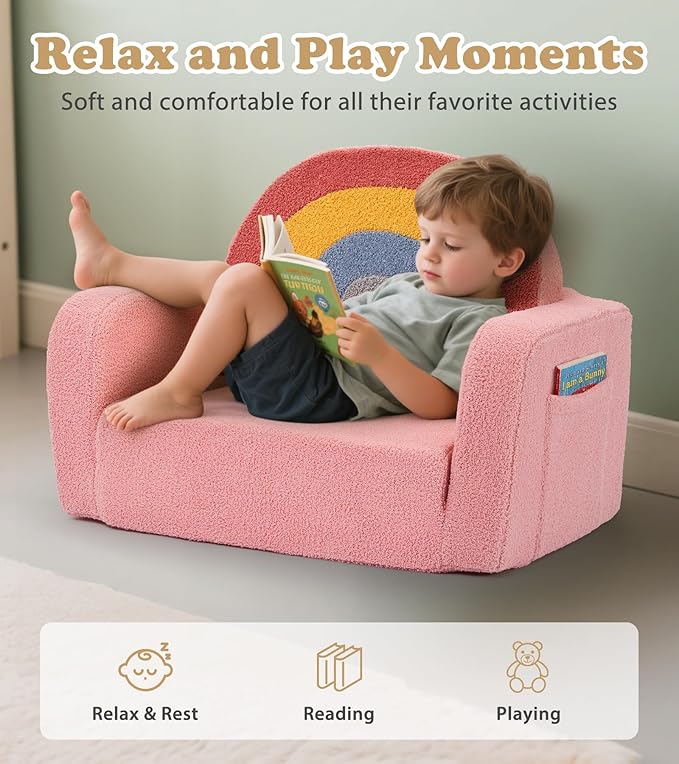 Kids Couch, 2-in-1 Soft Toddler Couch Fold Out - Image 4