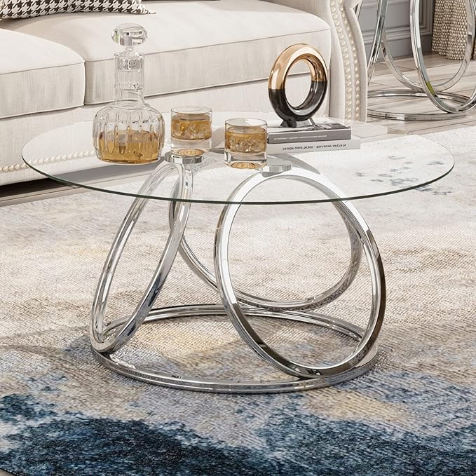 O&K FURNITURE Silver Coffee Table, Modern Glass Coffee Table Living Room Table - Image 10