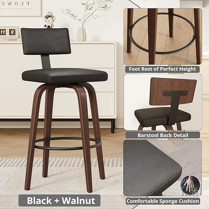 IRONCK Counter Height Bar Stools Set of 2, Wood Texture Bent Legs, Mid-Century - Image 7