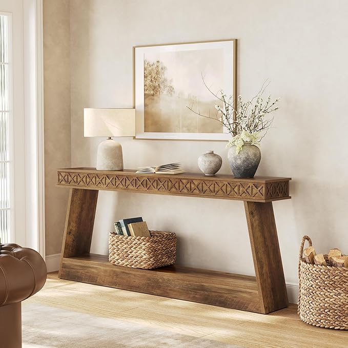 LITTLE TREE 70.87" Long Farmhouse Console Table, 2-Tier Shelf Narrow Accent - Image 4