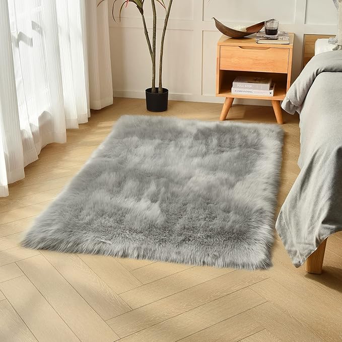 duduta Grey Faux Sheepskin Fur Rug 3x5 ft, Fluffy Shag Bedroom Dorm Nursery by Duduta