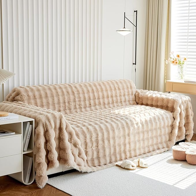 Thick Faux Rabbit Fur Couch Cover 1-Piece Non-Slip Warm Soft Cozy Sofa Covers - Image 3