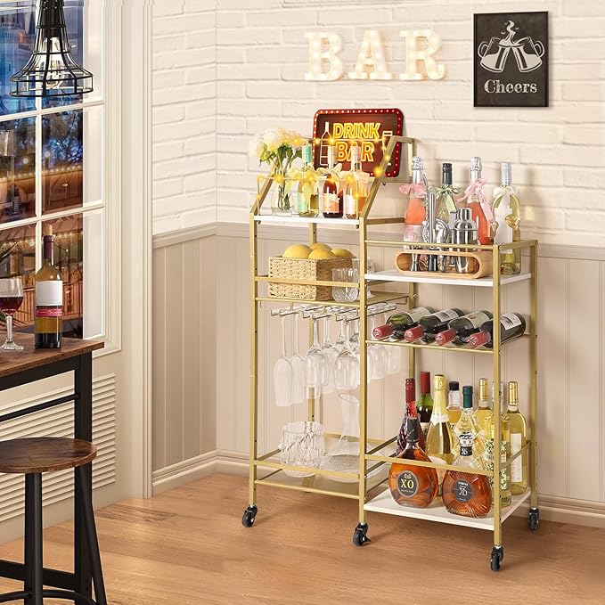 VINAEMO Gold Bar Cart With Wine Glass Holder, Stand - Image 2