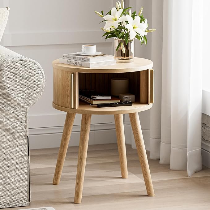 Side Table with Sliding Door & Cabinet, End Table - Image 2