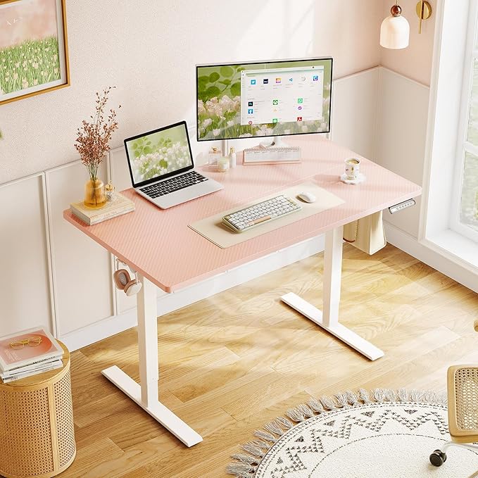 OffiGo Electric Height Adjustable Standing Desk, 40 Inch Pink Computer Desk - Image 2