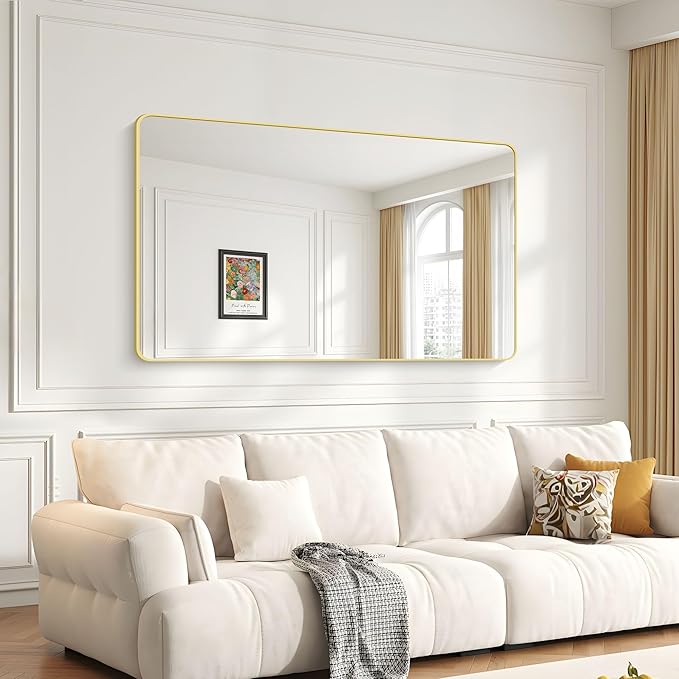 55x36 Inch Gold Bathroom Mirror, Metal Framed Large Rectangle Mirror, Rounded - Image 8