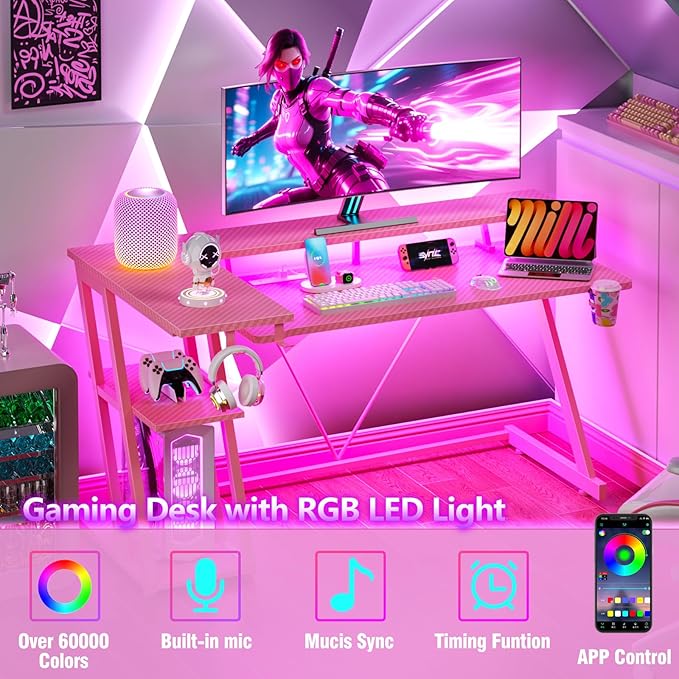 55 Inch Pink Gaming Desk with Power Outlet & LED Lights, Corner Computer Desk - Image 4