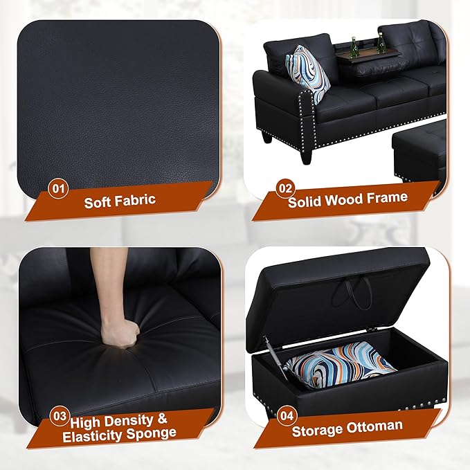 Osparple L Shaped Couch Faux Leather Sectional Couch Upholstered 3 Pieces Sofas - Image 5