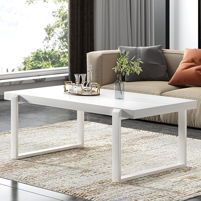 FOLUBAN White Coffee Table, Modern Rustic Wood and Metal Center Table, - Image 7